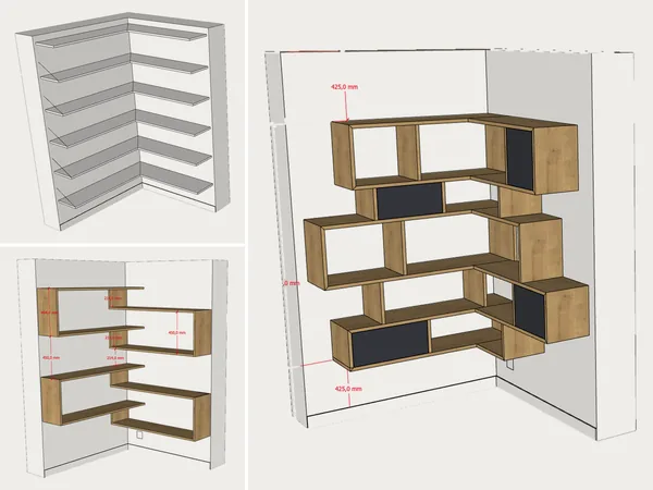 Trois versions dessinées en 3D d'une bibliothèque d'angle : étagères droites, cubes emboîtés, puis la version retenue