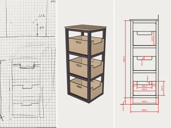 Croquis à la main, dessin 3D et plan coté d'un même meuble