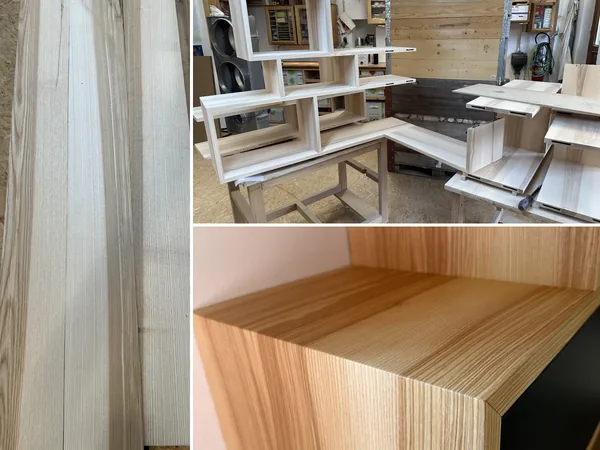 Planche de frêne massif, caissons assemblés à l'atelier, et le veinage du bois qui suit l'angle d'un caisson