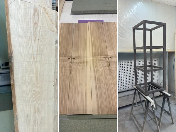 Fabrication du meuble à l'atelier : bois massif, placage assemblé, structure en métal