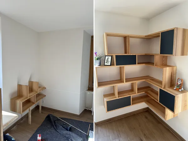 Début de la pose avec les premiers caissons, puis la bibliothèque d'angle terminée